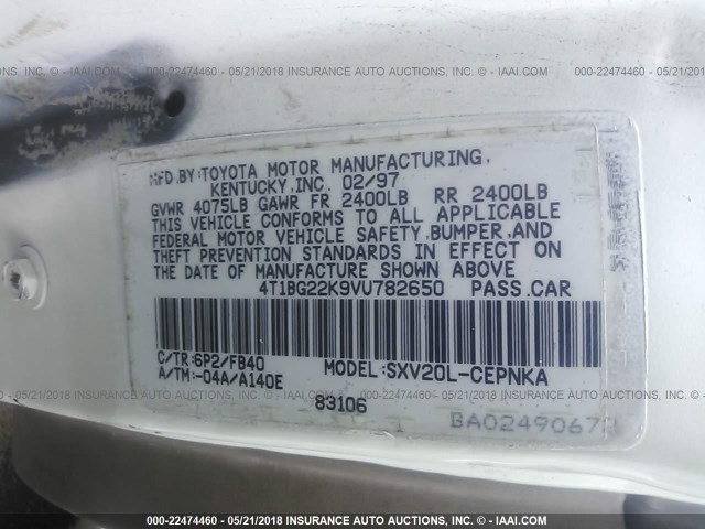 4T1BG22K9VU782650 - 1997 TOYOTA CAMRY CE/LE/XLE 白色 照片 9