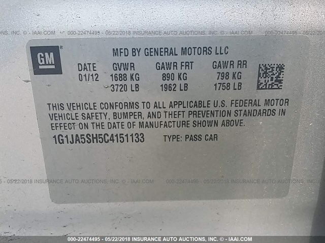 1G1JA5SH5C4151133 - 2012 CHEVROLET SONIC LS 银色 照片 9