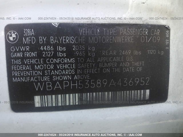 WBAPH53589A436952 - 2009 BMW 328 I SULEV WHITE photo 9