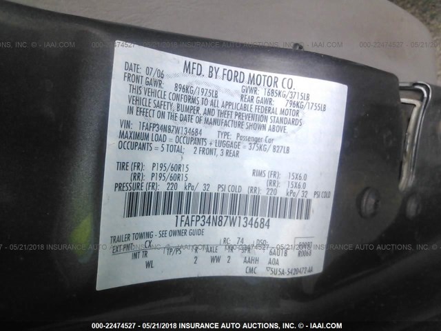 1FAFP34N87W134684 - 2007 FORD FOCUS ZX4/S/SE/SES 灰色 照片 9