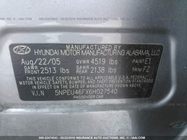 5NPEU46FX6H027540 - 2006 HYUNDAI SONATA GLS/LX GRAY photo 9