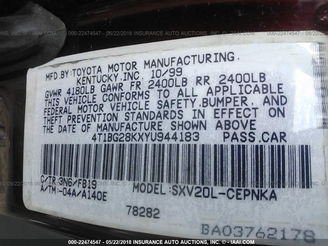4T1BG28KXYU944183 - 2000 TOYOTA CAMRY CE/LE/XLE MAROON photo 9