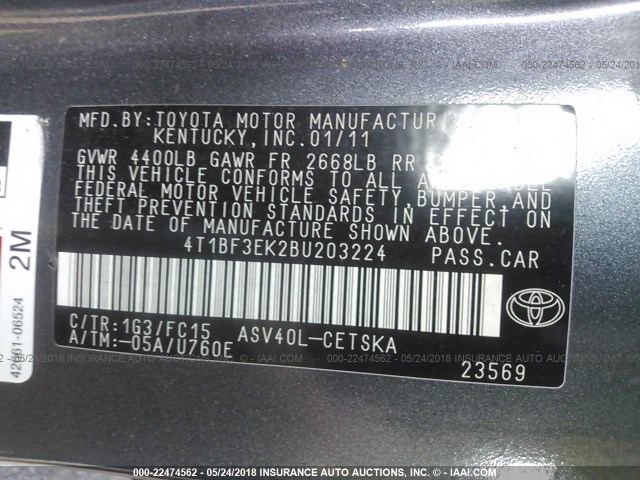 4T1BF3EK2BU203224 - 2011 TOYOTA CAMRY SE/LE/XLE GRAY photo 9