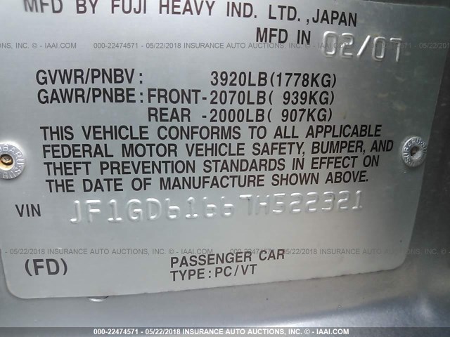 JF1GD61667H522321 - 2007 SUBARU IMPREZA 2.5I SILVER photo 9