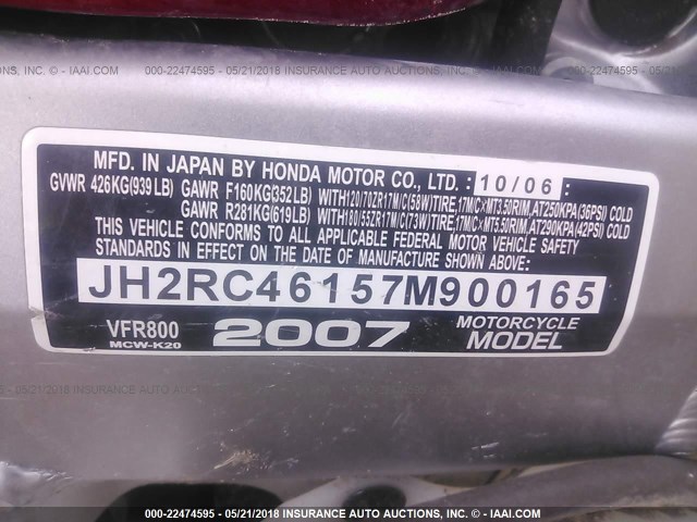 JH2RC46157M900165 - 2007 HONDA VFR800 MAROON photo 10