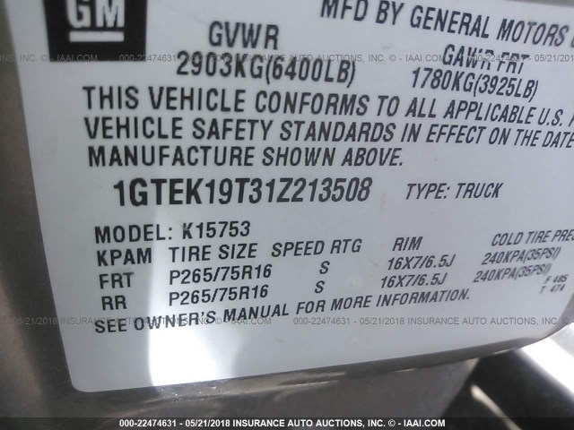 1GTEK19T31Z213508 - 2001 GMC NEW SIERRA K1500 GRAY photo 9