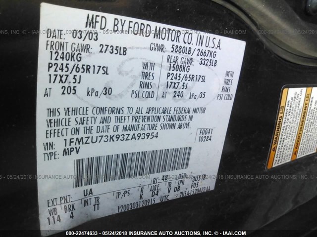 1FMZU73K93ZA93954 - 2003 FORD EXPLORER XLT/XLT SPORT/NBX 黑色 照片 9