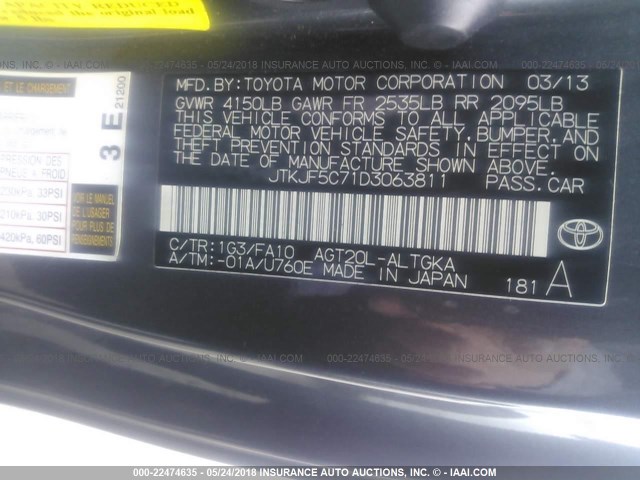 JTKJF5C71D3063811 - 2013 TOYOTA SCION TC GRAY photo 9