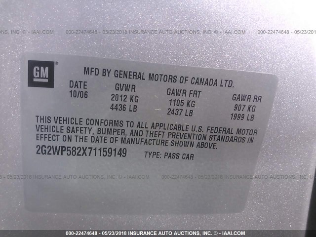 2G2WP582X71159149 - 2007 PONTIAC GRAND PRIX SILVER photo 9