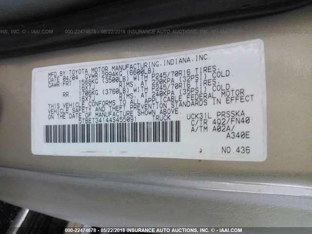 5TBET34144S455091 - 2004 TOYOTA TUNDRA DOUBLE CAB SR5 金色 照片 9