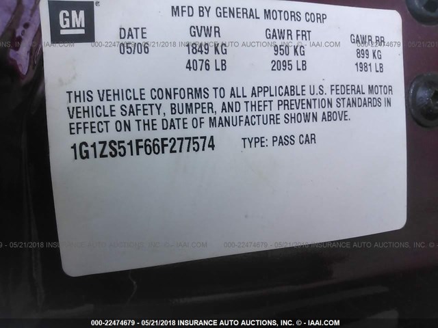 1G1ZS51F66F277574 - 2006 CHEVROLET MALIBU LS წითელი ფოტო 9