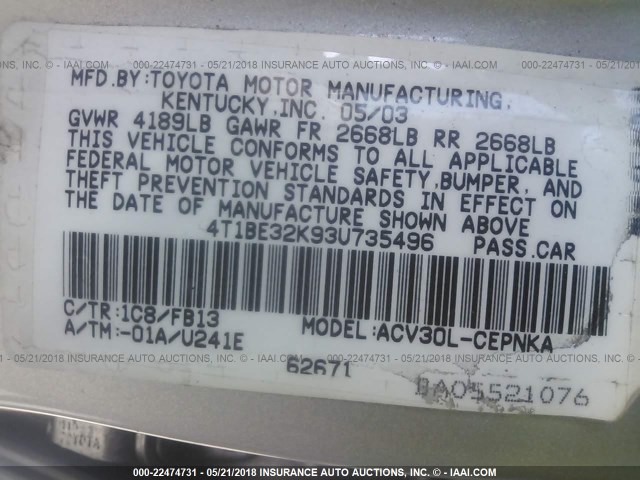 4T1BE32K93U735496 - 2003 TOYOTA CAMRY LE/XLE/SE 银色 照片 9