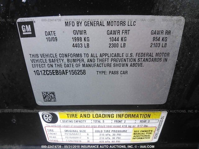 1G1ZC5EB9AF156258 - 2010 CHEVROLET MALIBU 1LT 黑色 照片 9