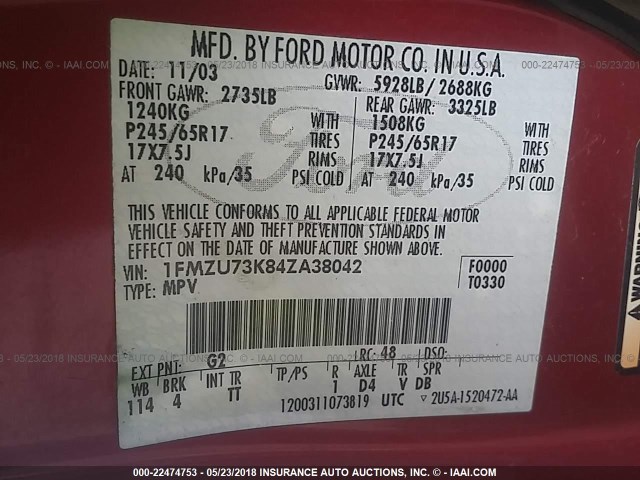 1FMZU73K84ZA38042 - 2004 FORD EXPLORER XLT/XLT SPORT/NBX 红色 照片 9