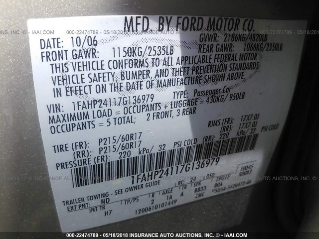 1FAHP24117G136979 - 2007 FORD FIVE HUNDRED SEL TAN photo 9