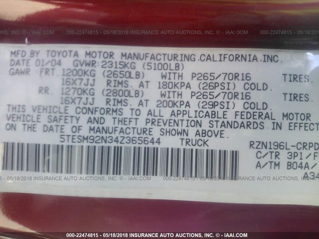 5TESM92N34Z365644 - 2004 TOYOTA TACOMA XTRACAB PRERUNNER RED photo 9