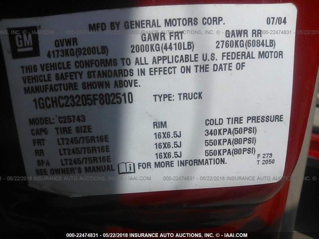 1GCHC23205F802510 - 2005 CHEVROLET SILVERADO C2500 HEAVY DUTY RED photo 9