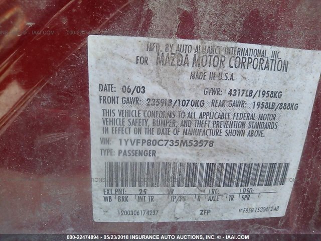 1YVFP80C735M53578 - 2003 MAZDA 6 I RED photo 9