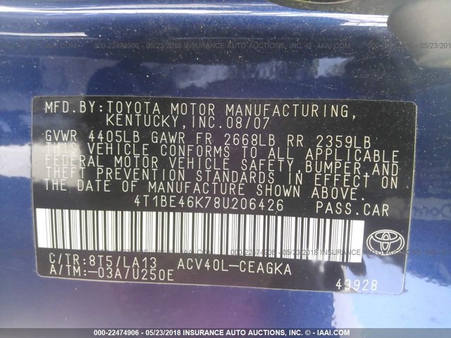 4T1BE46K78U206426 - 2008 TOYOTA CAMRY CE/LE/XLE/SE BLUE photo 9