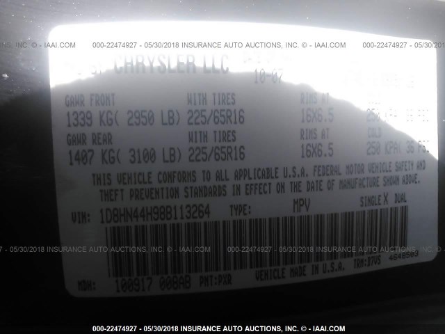 1D8HN44H98B113264 - 2008 DODGE GRAND CARAVAN SE BLACK photo 9