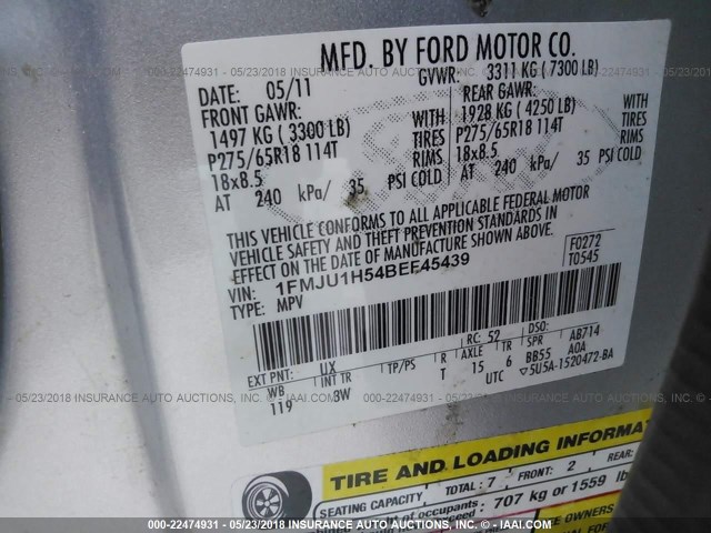 1FMJU1H54BEF45439 - 2011 FORD EXPEDITION XLT/KING RANCH SILVER photo 9