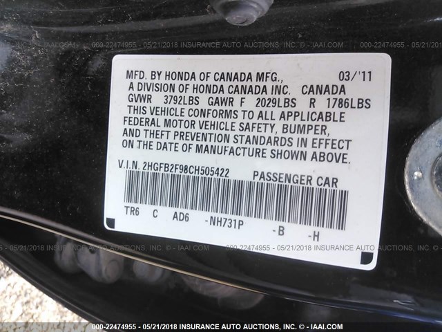 2HGFB2F98CH505422 - 2012 HONDA CIVIC EXL 黑色 照片 9