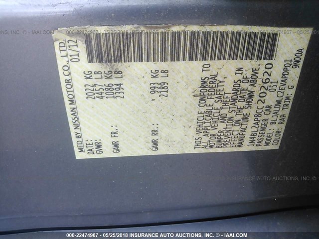 1N4BL2AP8CC202620 - 2012 NISSAN ALTIMA SR GRAY photo 9