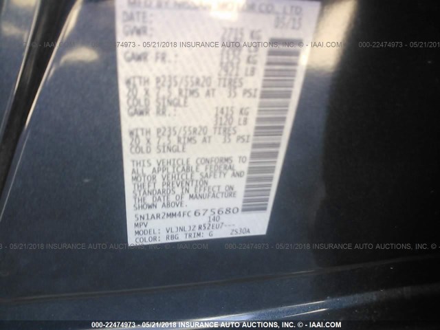 5N1AR2MM4FC675680 - 2015 NISSAN PATHFINDER S/SV/SL/PLATINUM 蓝色 照片 9