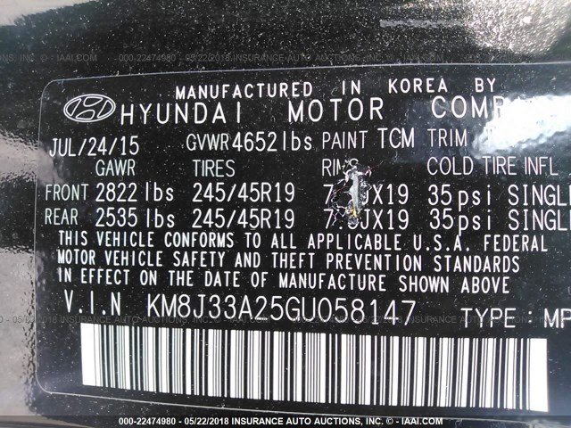 KM8J33A25GU058147 - 2016 HYUNDAI TUCSON LIMITED/SPORT AND ECO/SE BLACK photo 9