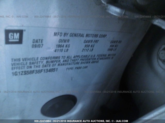 1G1ZS58F38F134851 - 2008 CHEVROLET MALIBU LS 银色 照片 9