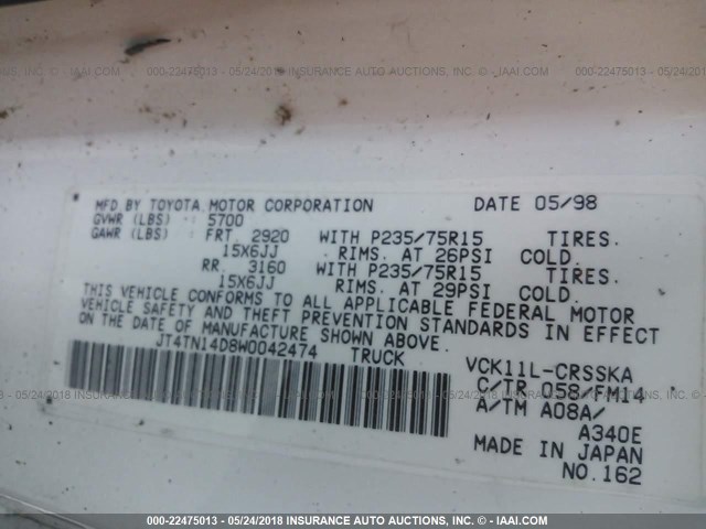 JT4TN14D8W0042474 - 1998 TOYOTA T100 XTRACAB SR5 WHITE photo 9