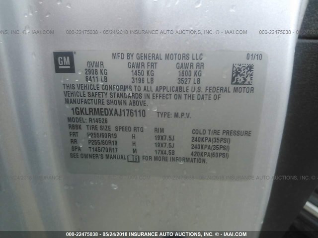 1GKLRMEDXAJ176110 - 2010 GMC ACADIA SLT-1 Silber Foto 9