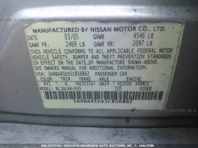 1N4BA41EX5C856862 - 2005 NISSAN MAXIMA SE/SL SILVER photo 9