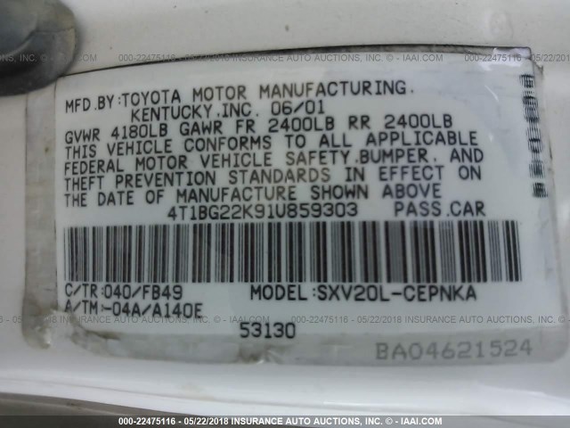 4T1BG22K91U859303 - 2001 TOYOTA CAMRY CE/LE/XLE 白色 照片 9