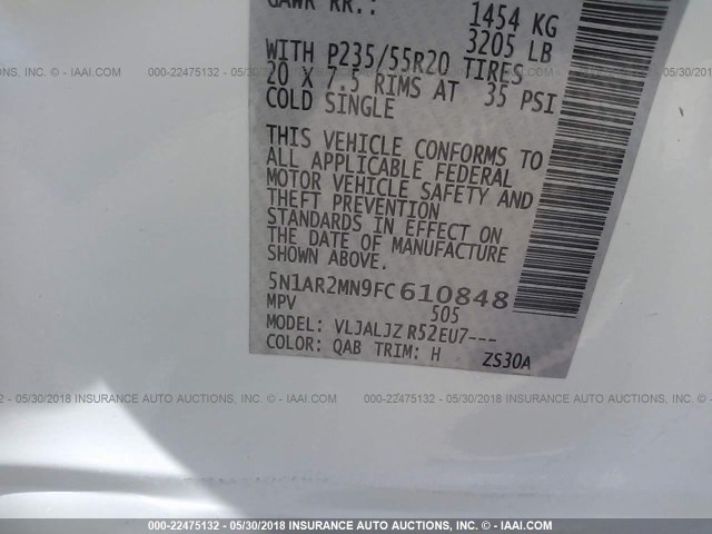 5N1AR2MN9FC610848 - 2015 NISSAN PATHFINDER S/SV/SL/PLATINUM 白色 照片 9