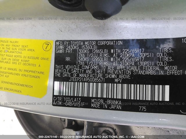 JTEEP21A950085671 - 2005 TOYOTA HIGHLANDER LIMITED SILVER photo 9