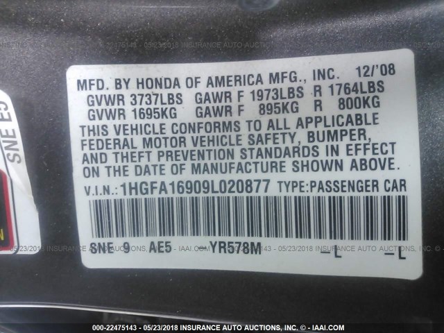1HGFA16909L020877 - 2009 HONDA CIVIC EXL GRAY photo 9