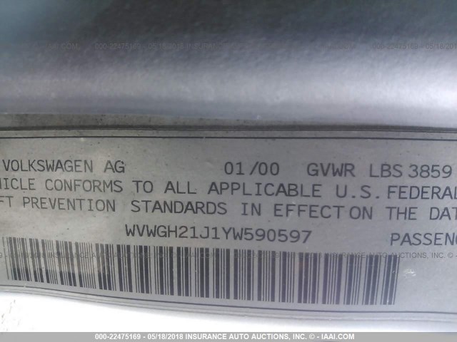 WVWGH21J1YW590597 - 2000 VOLKSWAGEN GOLF GLS SILVER photo 9