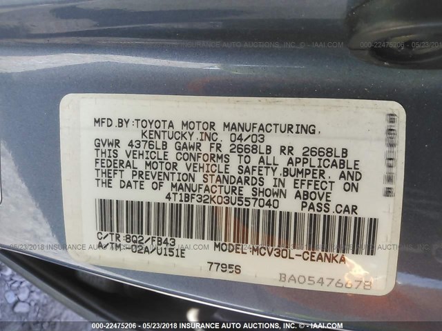 4T1BF32K03U557040 - 2003 TOYOTA CAMRY LE/XLE/SE 蓝色 照片 9