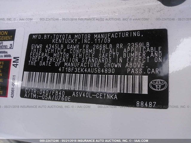 4T1BF3EK4AU564890 - 2010 TOYOTA CAMRY SE/LE/XLE WHITE photo 9