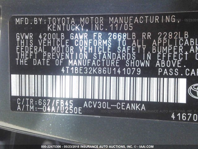 4T1BE32K86U141079 - 2006 TOYOTA CAMRY LE/XLE/SE მწვანე ფოტო 9