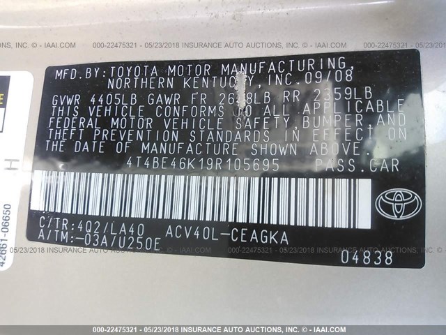 4T4BE46K19R105695 - 2009 TOYOTA CAMRY SE/LE/XLE 金色 照片 9
