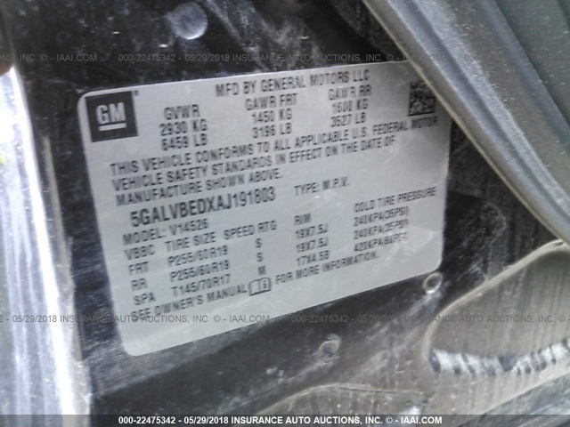 5GALVBEDXAJ191803 - 2010 BUICK ENCLAVE CXL 黑色 照片 9