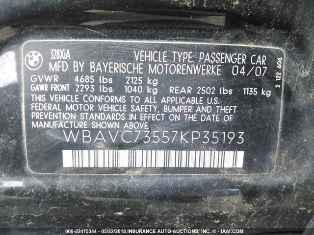 WBAVC73557KP35193 - 2007 BMW 328 XI SULEV BLACK photo 9
