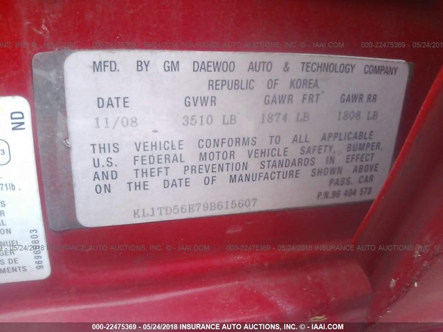 KL1TD56E79B615607 - 2009 CHEVROLET AVEO LS/LT 红色 照片 9