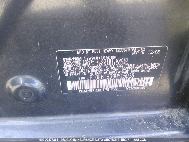 JF1GE61699H515038 - 2009 SUBARU IMPREZA 2.5I GRAY photo 9