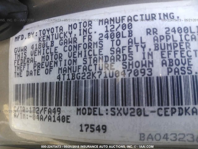 4T1BG22K71U047093 - 2001 TOYOTA CAMRY CE/LE/XLE 灰色 照片 9