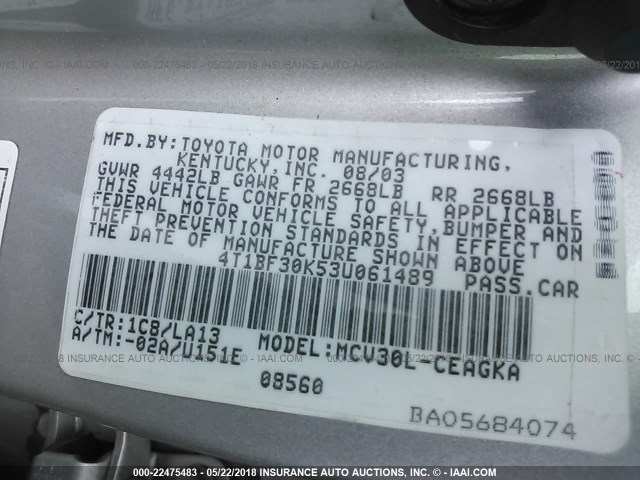 4T1BF30K53U061489 - 2003 TOYOTA CAMRY LE/XLE/SE Gümüş foto 9