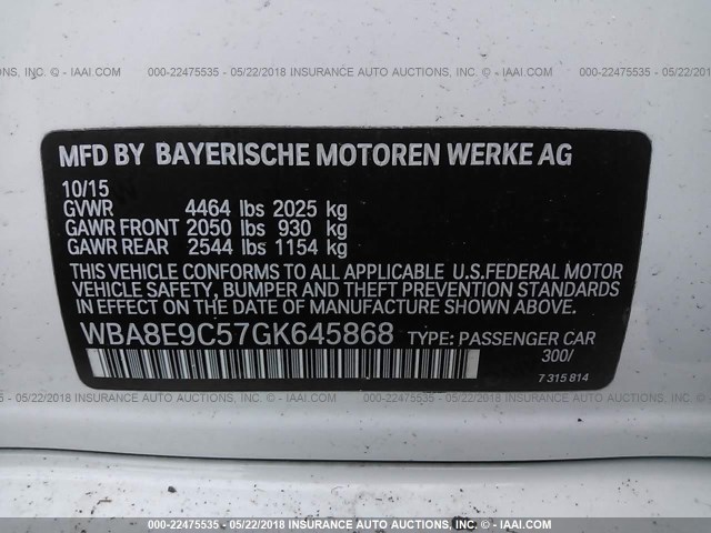 WBA8E9C57GK645868 - 2016 BMW 328 I SULEV WHITE photo 9