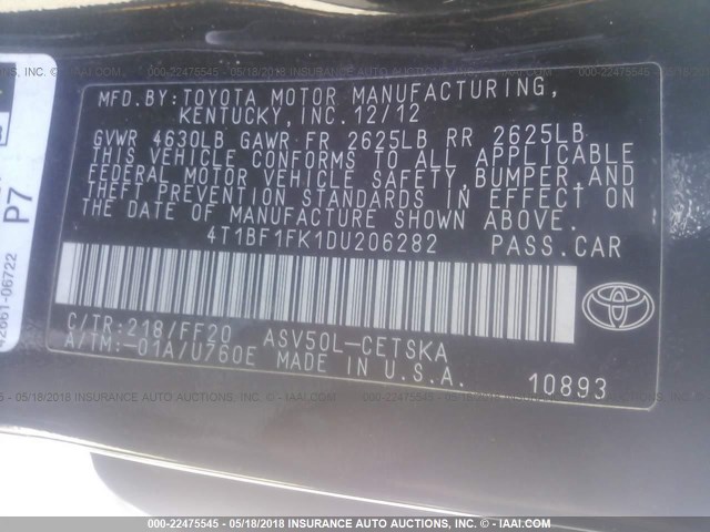 4T1BF1FK1DU206282 - 2013 TOYOTA CAMRY L/SE/LE/XLE 黑色 照片 9